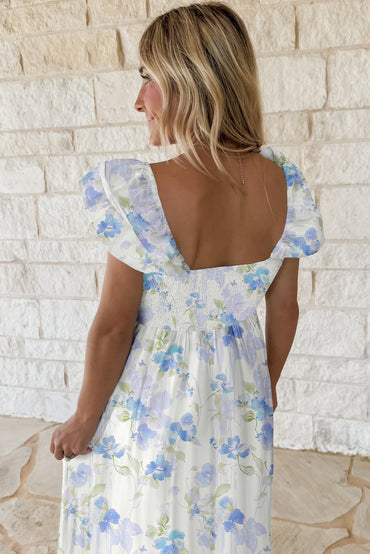 Sky Blue Floral Smocked High Waist Ruffle Sleeveless Dress