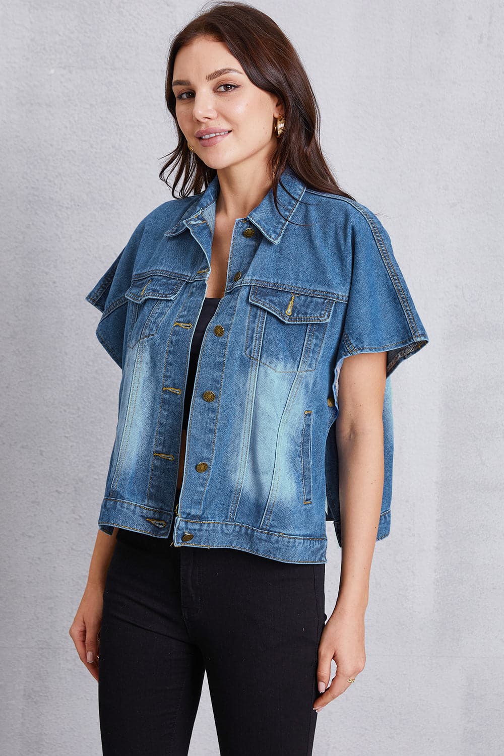 Pocketed Button Up Short Sleeve Denim Top.