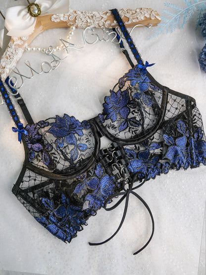 Black And Blue Floral Embroidery Ribbon Lingerie Set