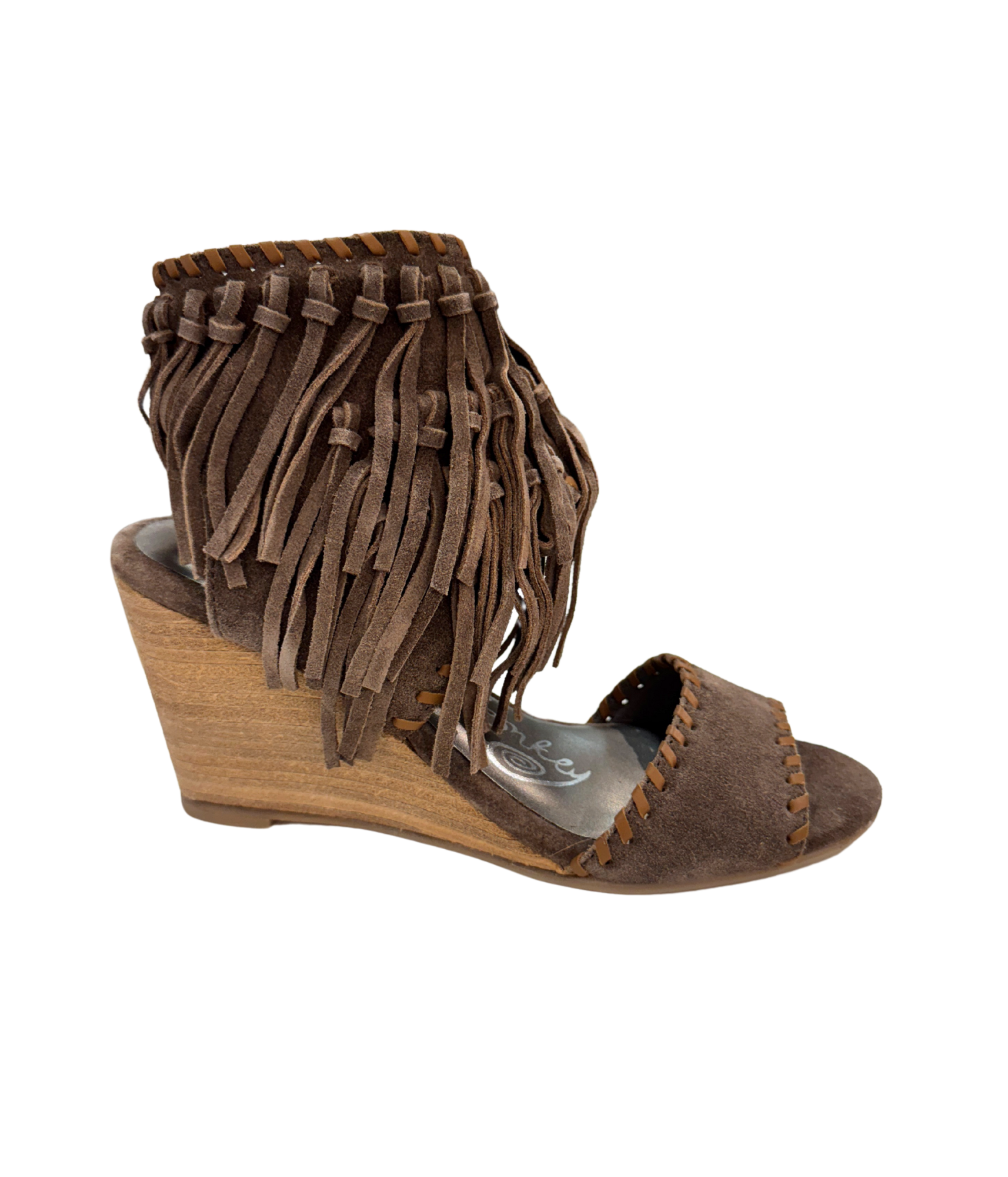 Taupe True Fringe Wedge Sandal With Leather Strap Detail Naughty Monkey