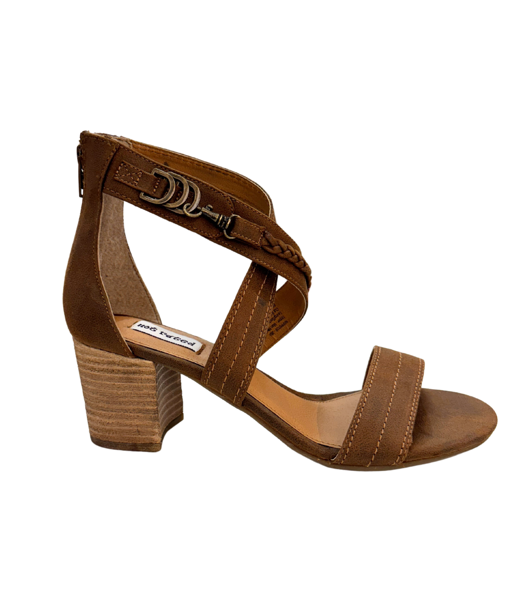 Qila Tan Block Heel Sandal With Braided Top Brass Hardware Naughty Monkey