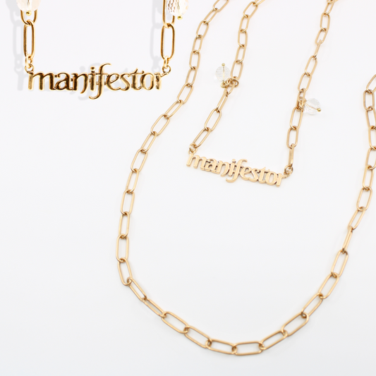 Manifestor 50 Inch Brass Paperclip Necklace With Crystal Quartz Magnetic Clasp Katia Designs
