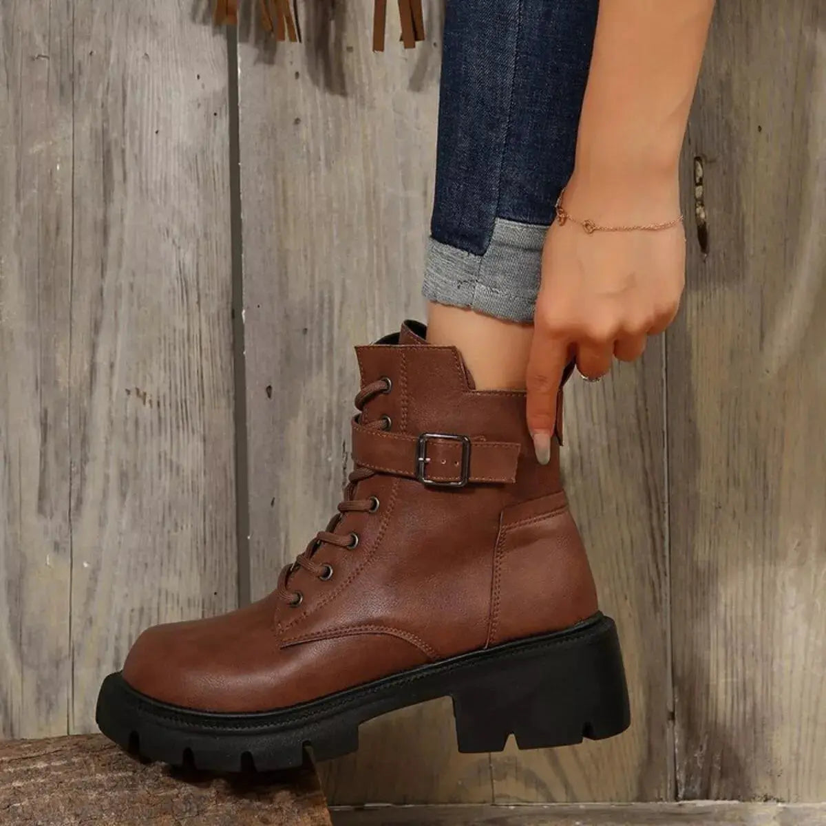 Lace-Up Buckle Accent Block Heel Boots Simply Love