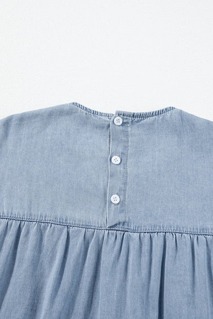 Ruffled Round Neck Cap Sleeve Denim Dress.