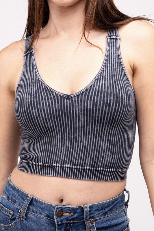 Washed Ribbed Cropped V-Neck Tank Top.