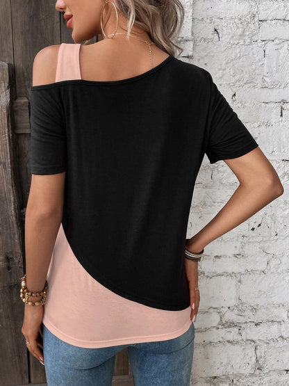 Contrast Asymmetrical Neck Short Sleeve T-Shirt.