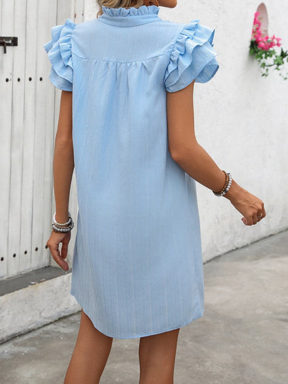 Ruffled Notched Cap Sleeve Mini Dress.