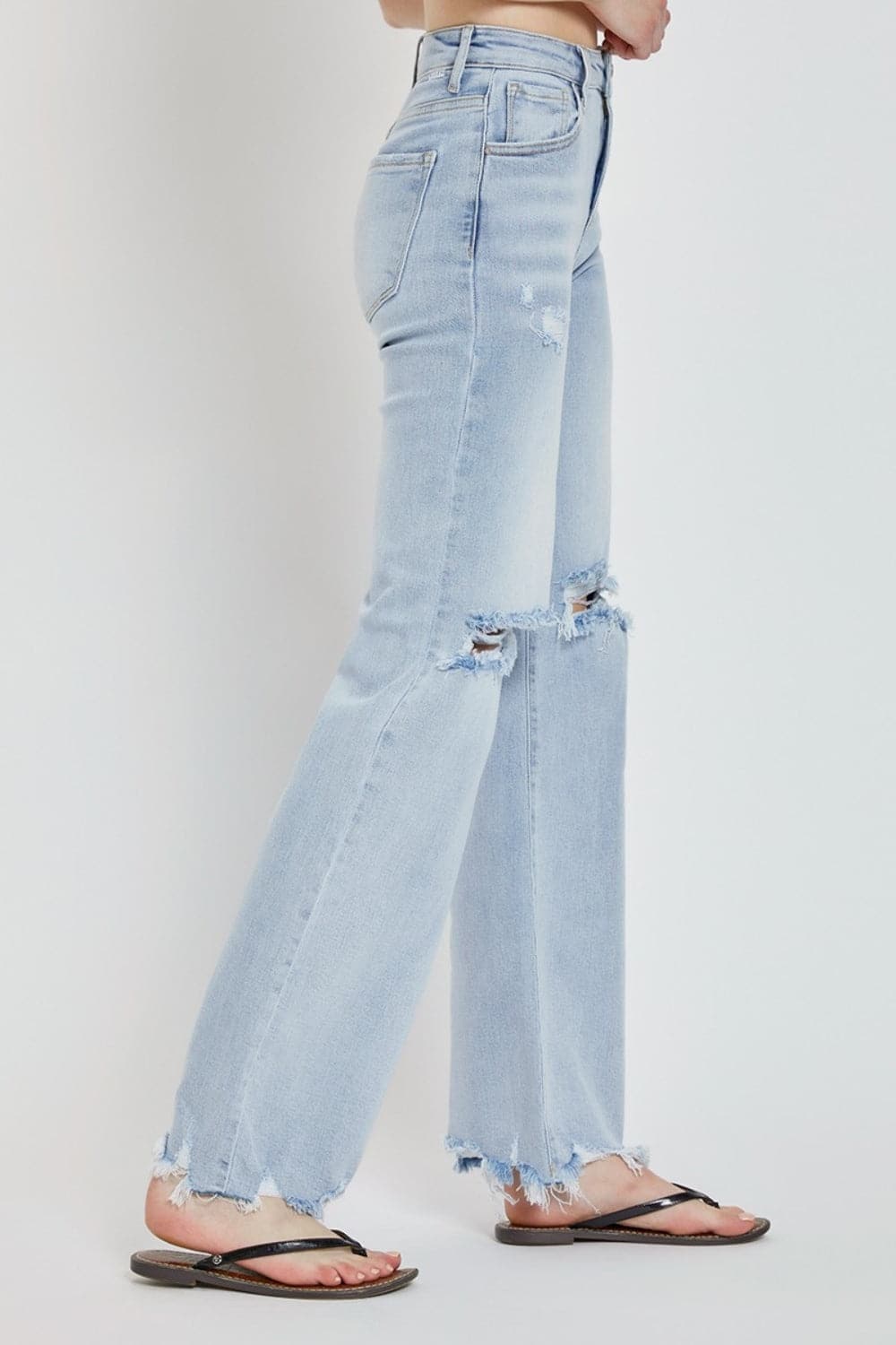 Risen Full Size High Rise Distressed Wide Leg Jeans.