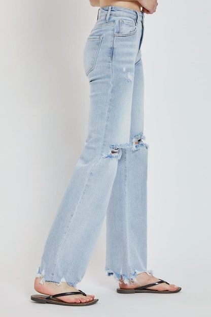 Risen Full Size High Rise Distressed Wide Leg Jeans.