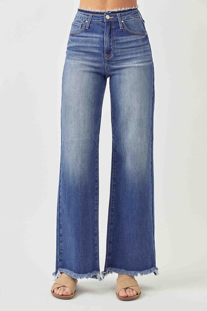 RISEN High Waist Raw Hem Wide Leg Jeans.