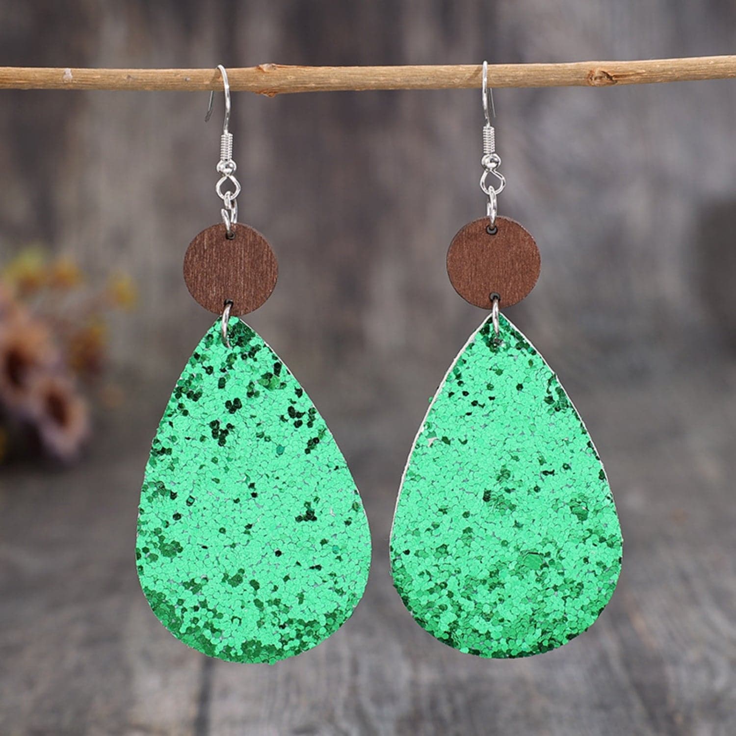 Sequin PU Leather Wooden Dangle Earrings.