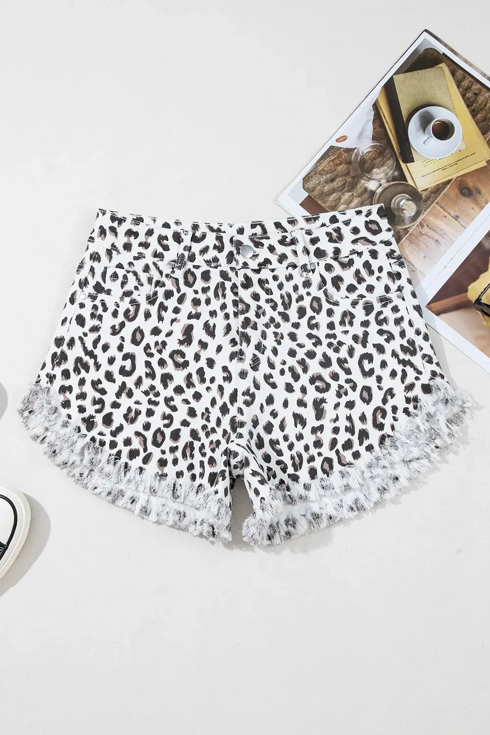 Leopard Frayed Hem Denim Shorts Simply Love
