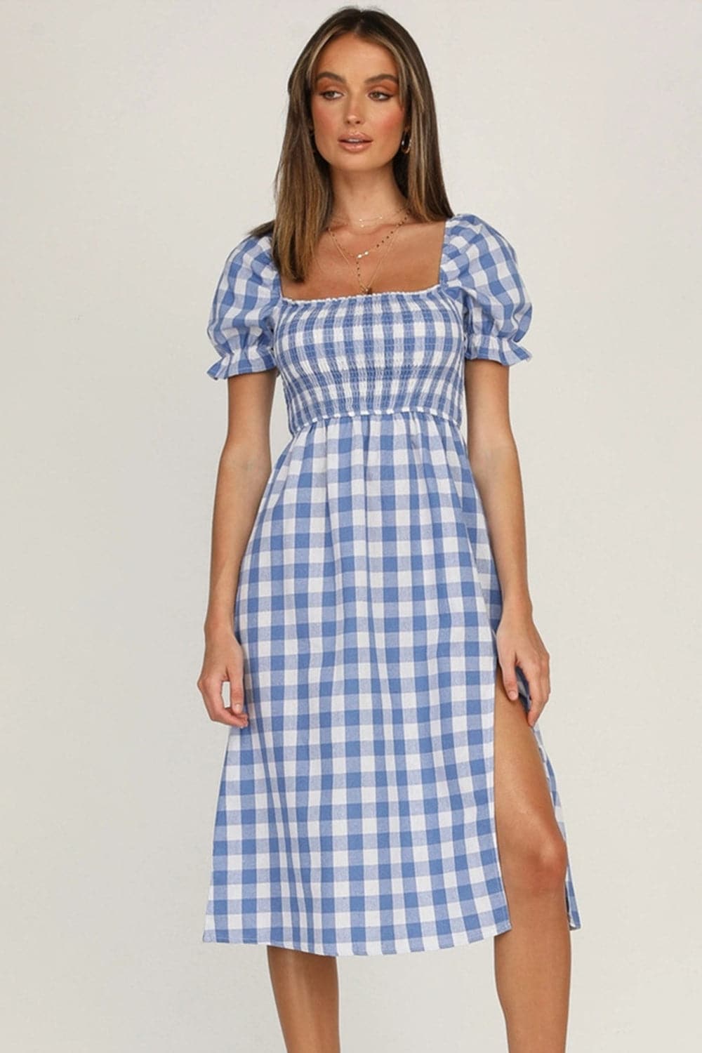 Full Size Slit Plaid Short Sleeve Midi Dress.