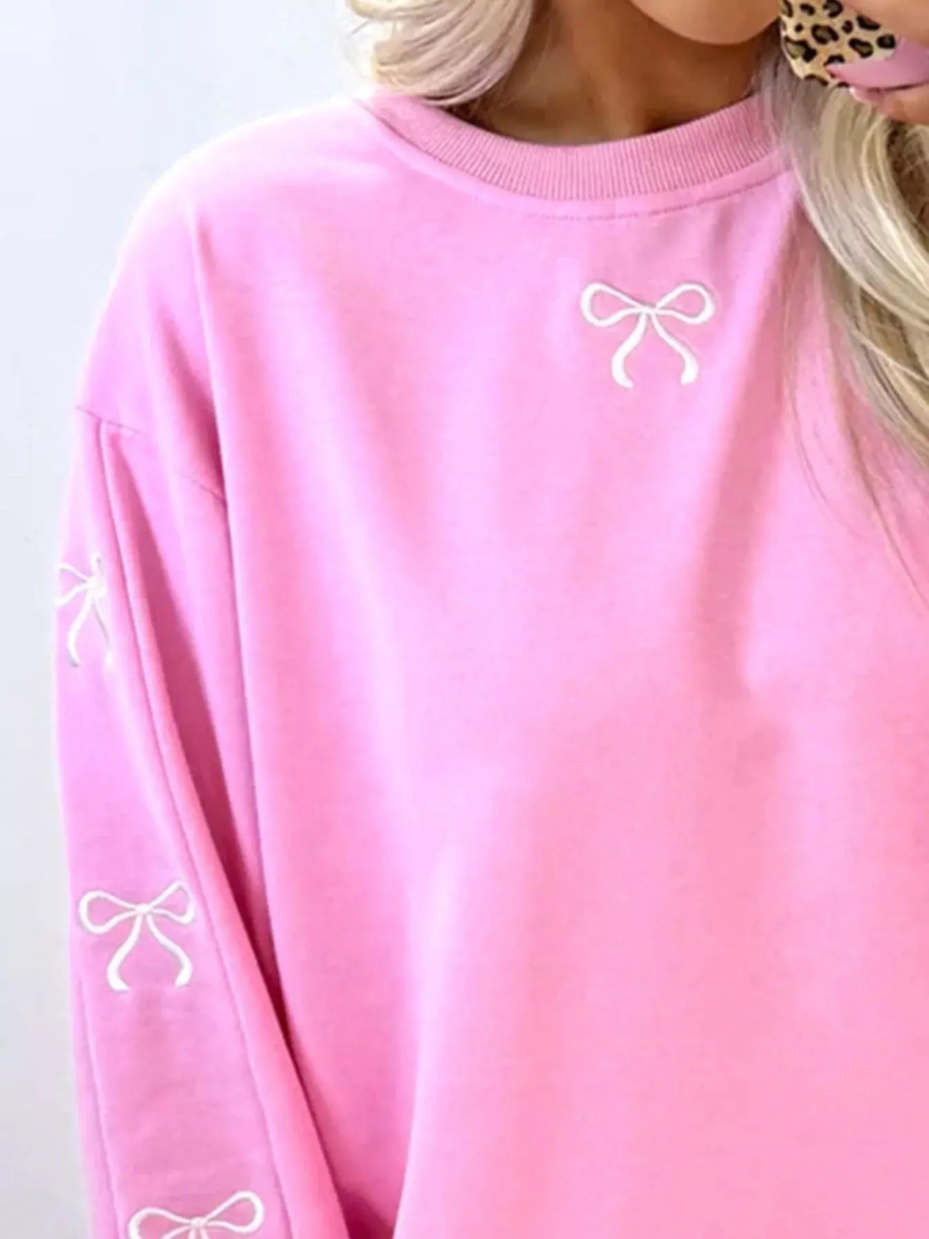 Bow Embroidered Round Neck Top and Shorts Set Simply Love