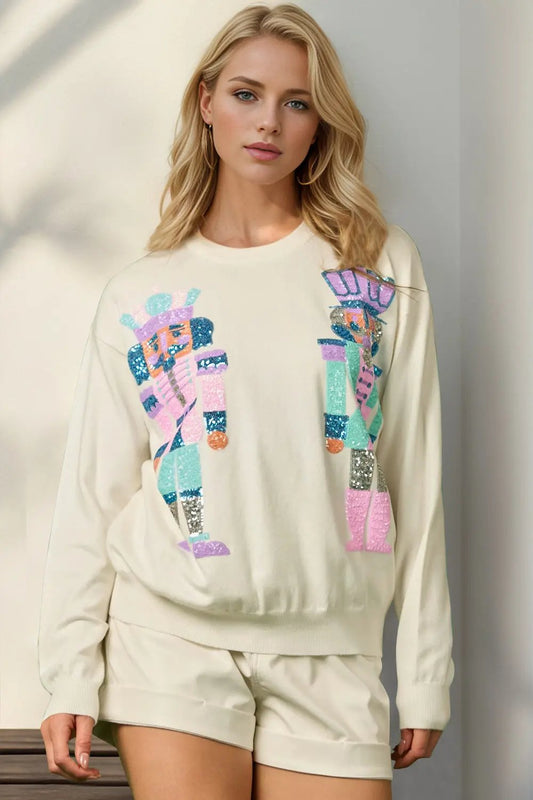 Double Take Full Size Sequin Nutcracker Long Sleeve Sweater - Love Salve