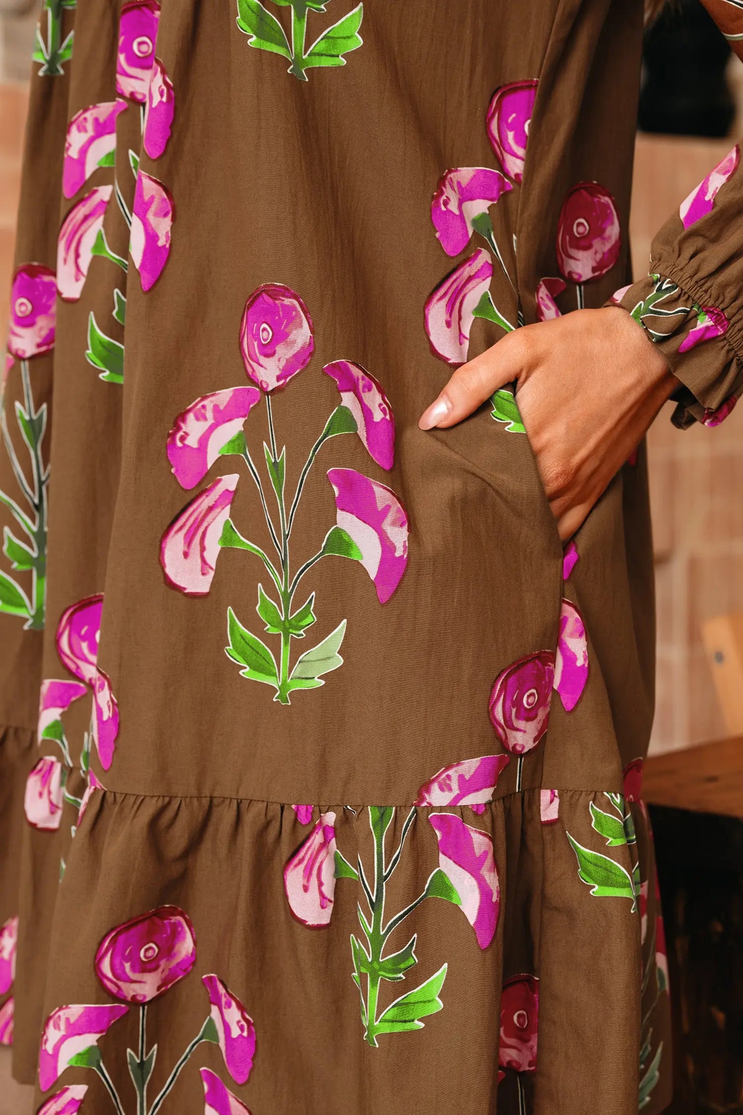 Brown Contrast Floral Print Babydoll Tunic Dress With Ruffled Hem Puff Sleeve Dear-Lover Dropshipping