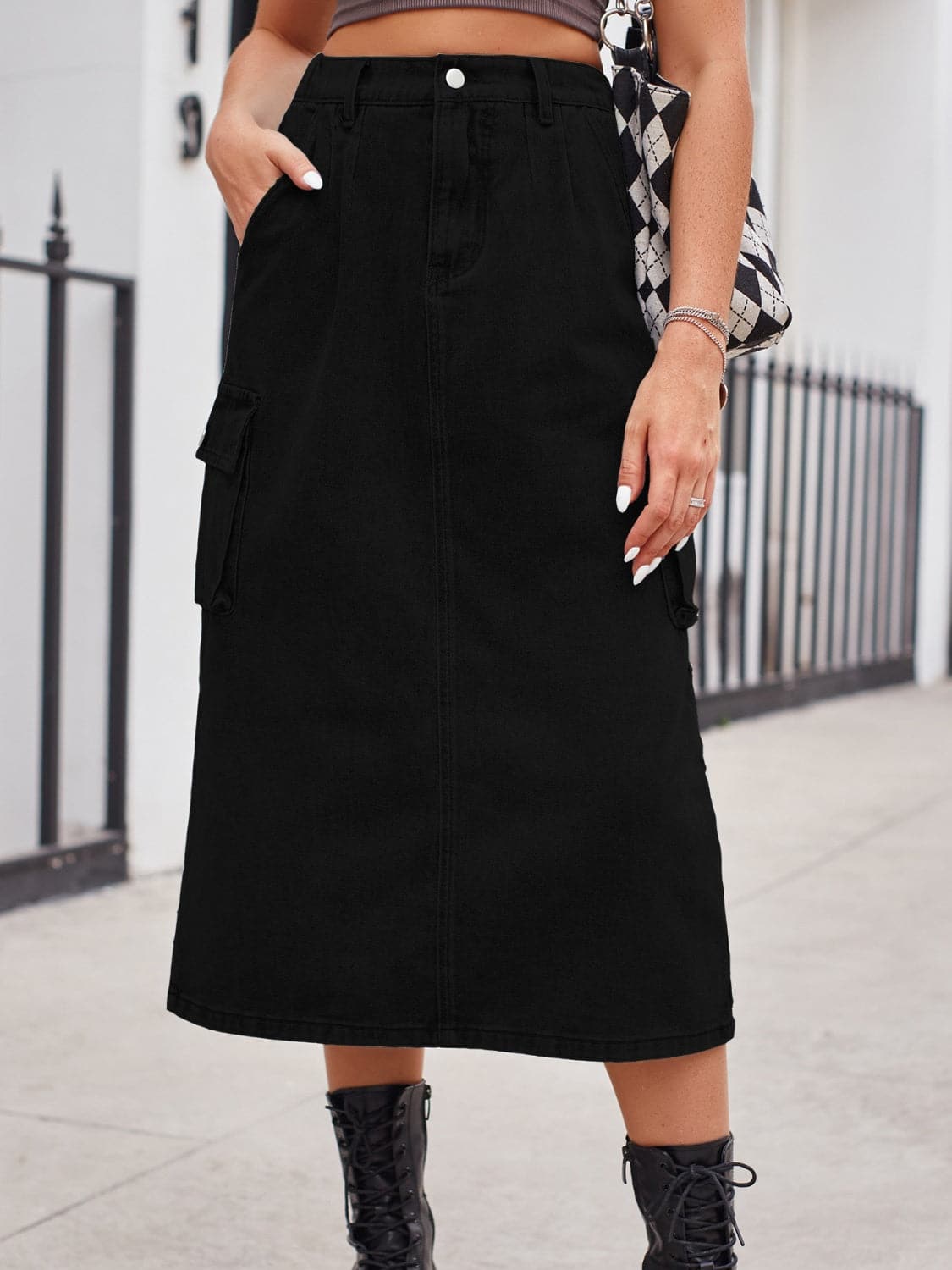 Slit Buttoned Denim Skirt with Pockets.