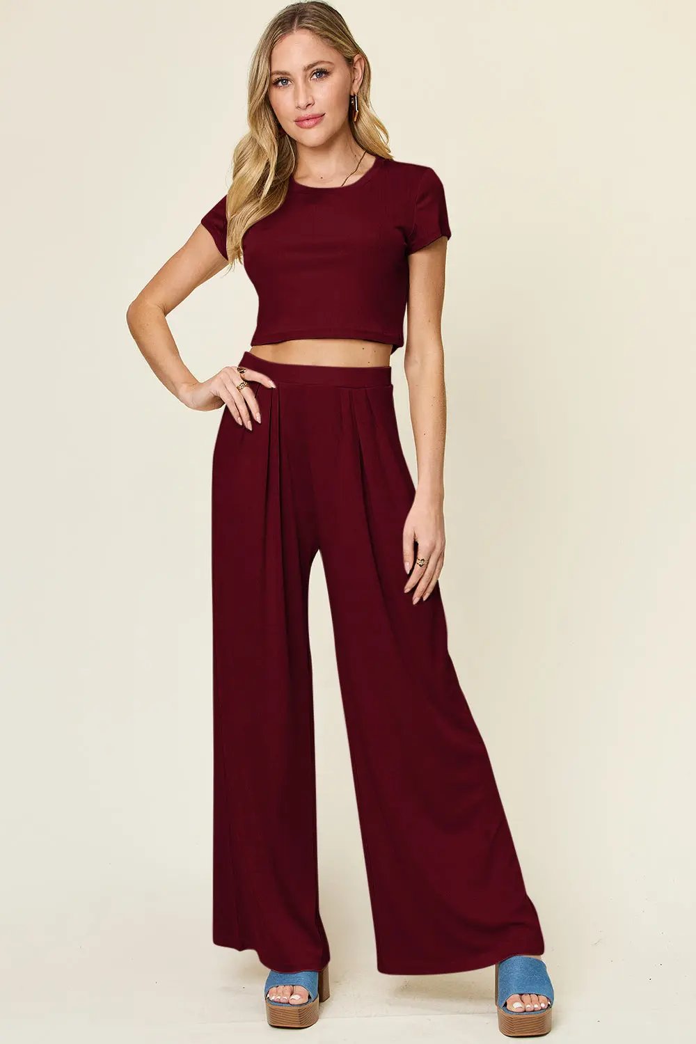 Double Take: Round Neck Top & Pants Set - Love Salve