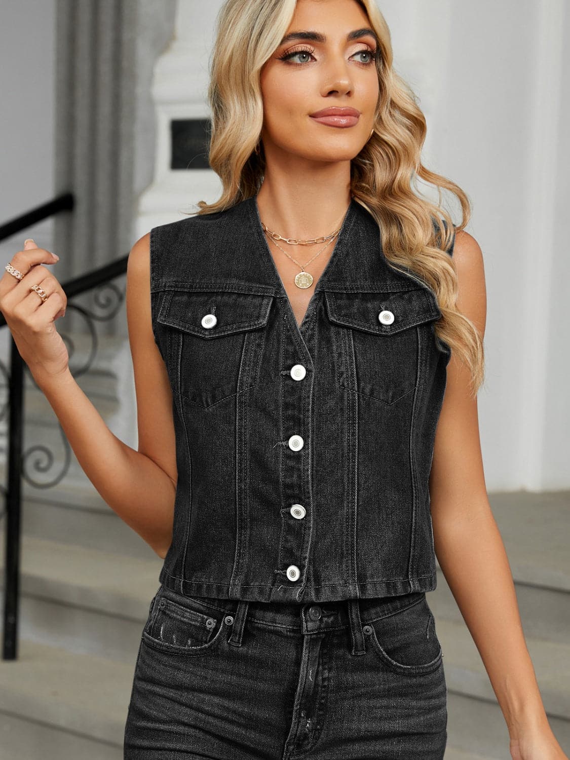 V-neck denim vest with buttons