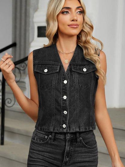 Stylish V-neck denim vest with button detail