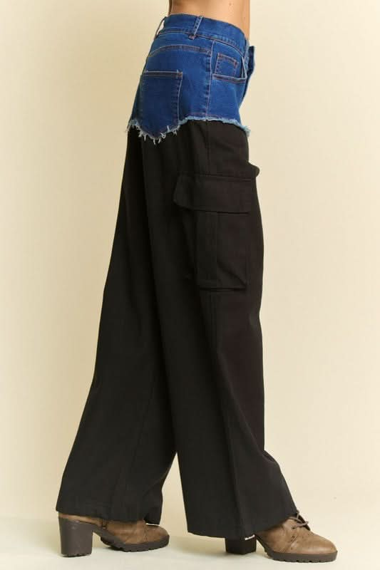 Patchwork Cargo Wide Leg Denim Trousers