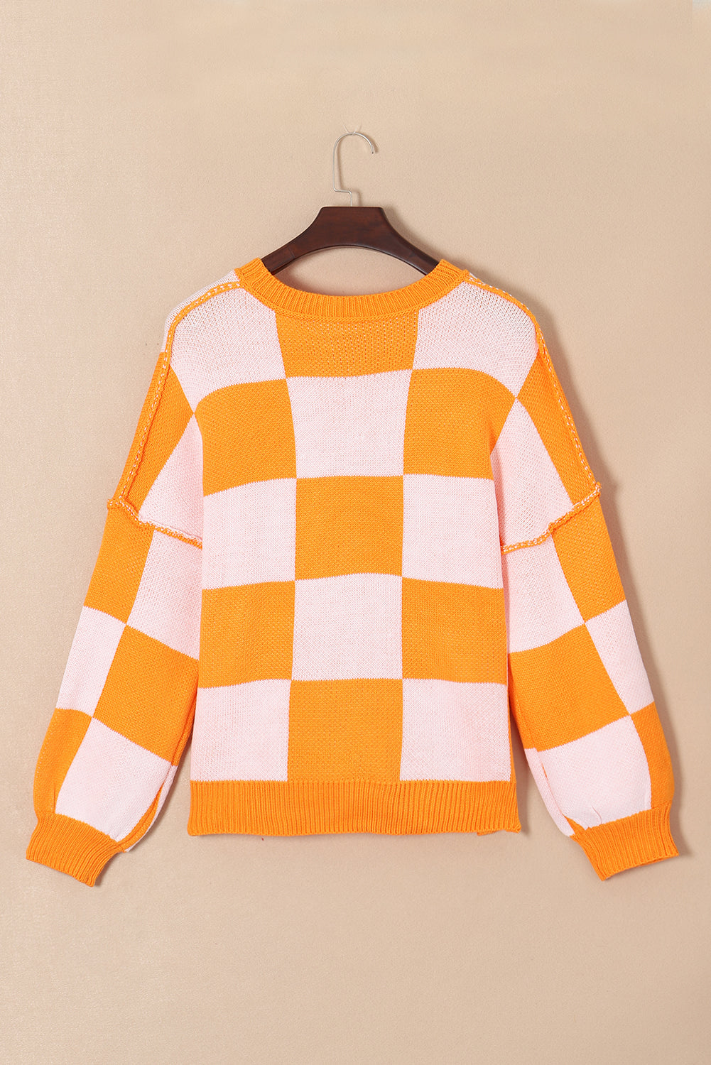 Chic orange checkered bishop sleeve knit sweater