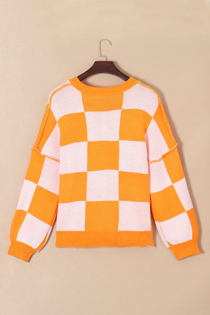 Chic orange checkered bishop sleeve knit sweater