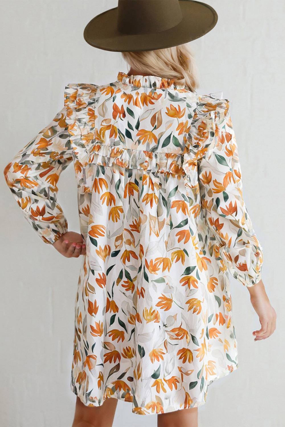Yellow Floral Print Tie Neck Frilled Long Sleeve Mini Dress
