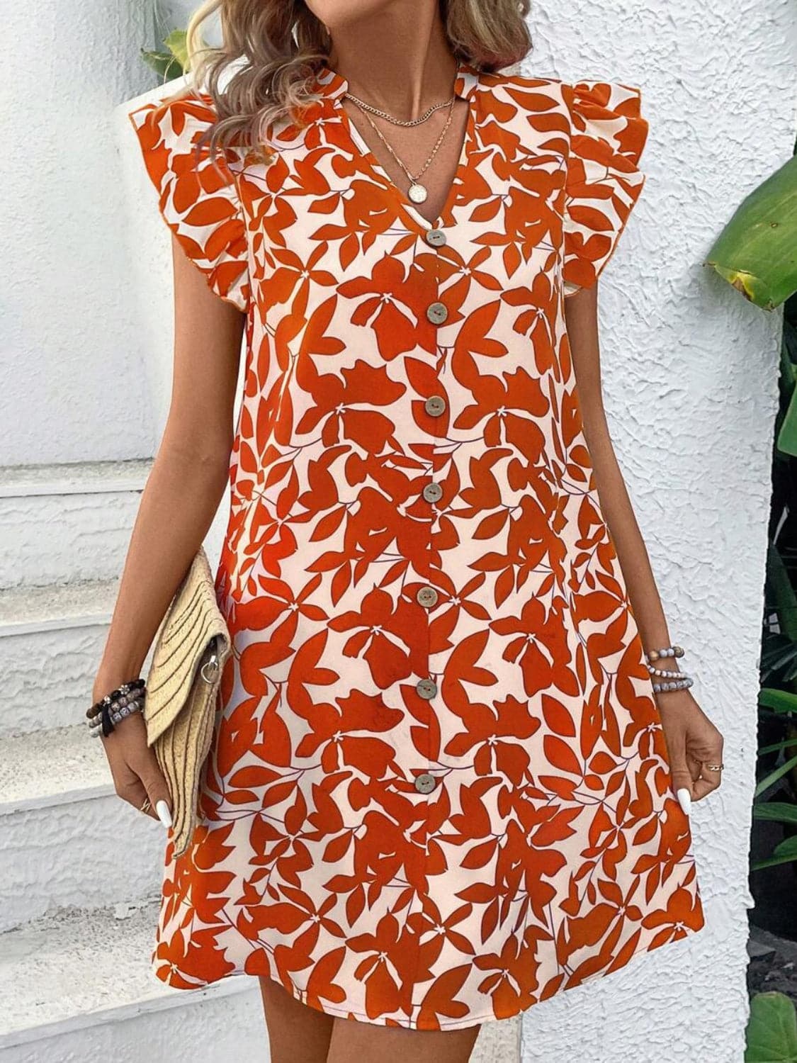 Printed Notched Cap Sleeve Mini Dress.