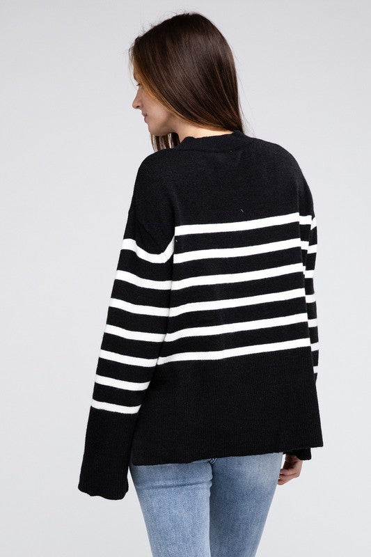 Ribbed hem striped sweater - cozy chic