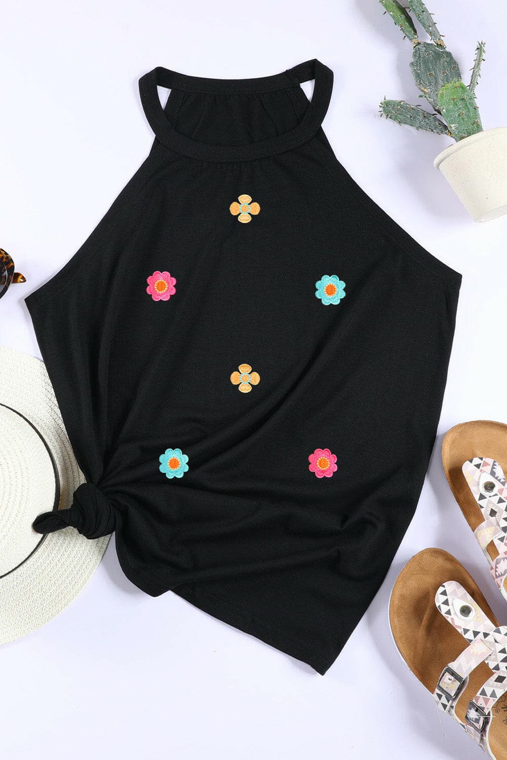 Floral Embroidery Grecian Neckline Tank Top.