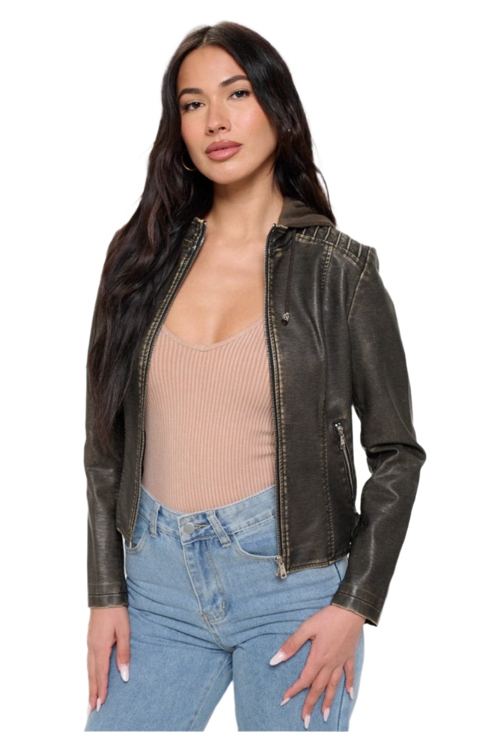 Vegan leather zip-up hoodie for a chic look