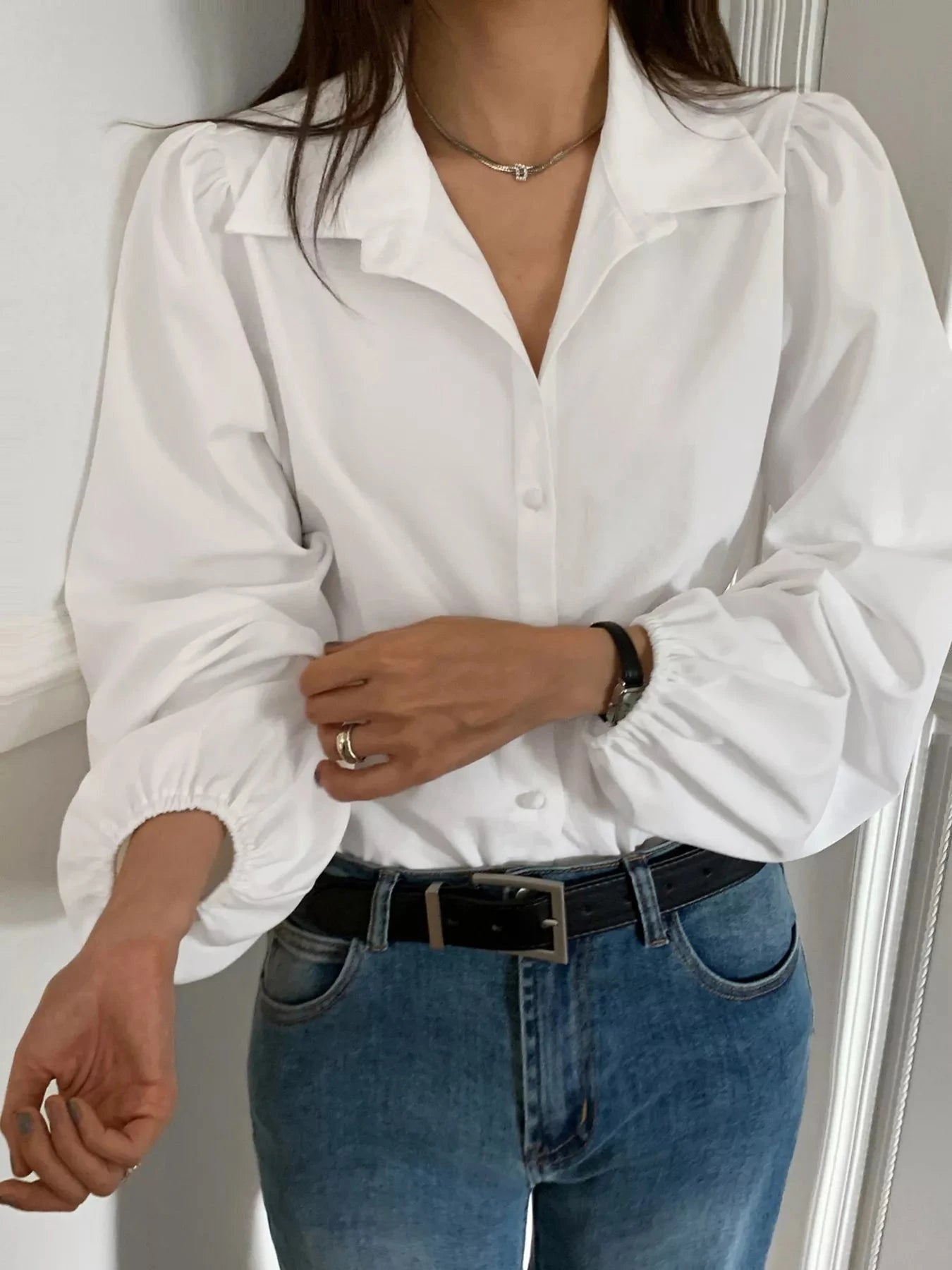 Puff Sleeve Button Down Shirt White 100 Percent Polyester Women Simply Love