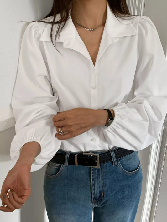 Puff Sleeve Button Down Shirt White 100 Percent Polyester Women Simply Love