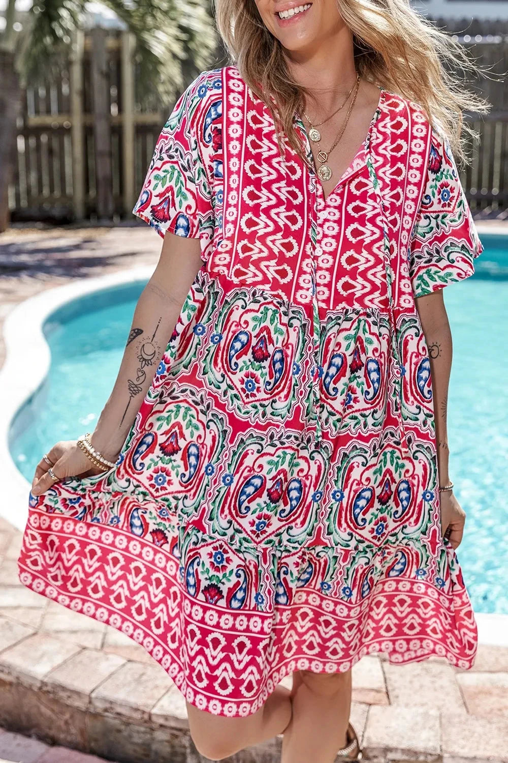 Printed Tie Neck Short Sleeve Dress Simply Love