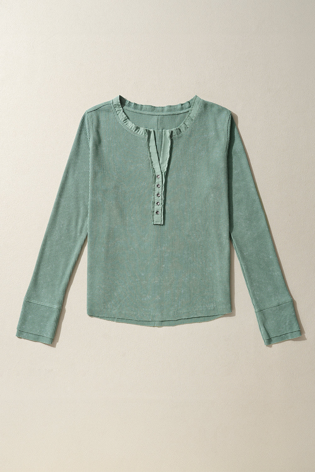 Trendy smoke green acid wash waffle knit long sleeve top with buttoned neckline