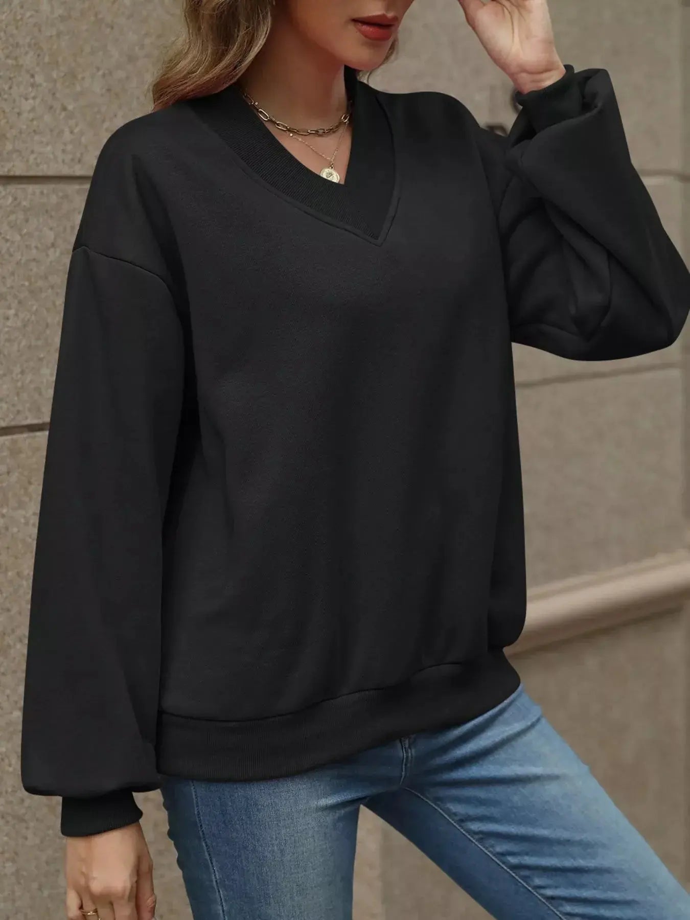 V-Neck Solid Color Casual Sweatshirt Simply Love