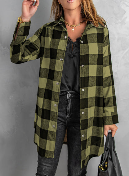 Chic green plaid longline shirt coat with turn-down collar