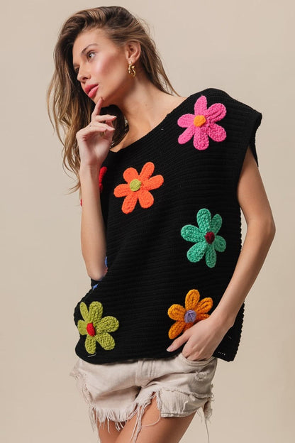 BiBi Flower Round Neck Cap Sleeve Knit Top.