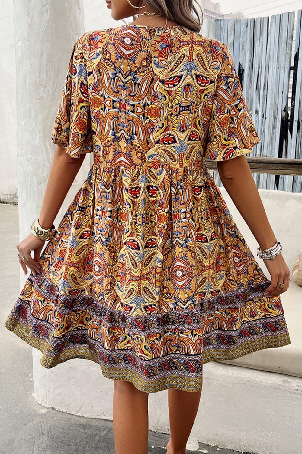 Printed V-Neck Half Sleeve Mini Dress.