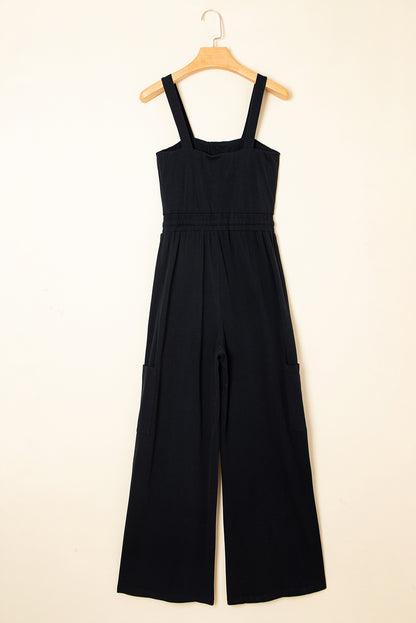 Black Drawstring Wide Leg Cargo Pockets Sleeveless Jumpsuit