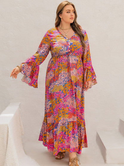 Plus Size Printed V-Neck Long Sleeve Maxi Dress.