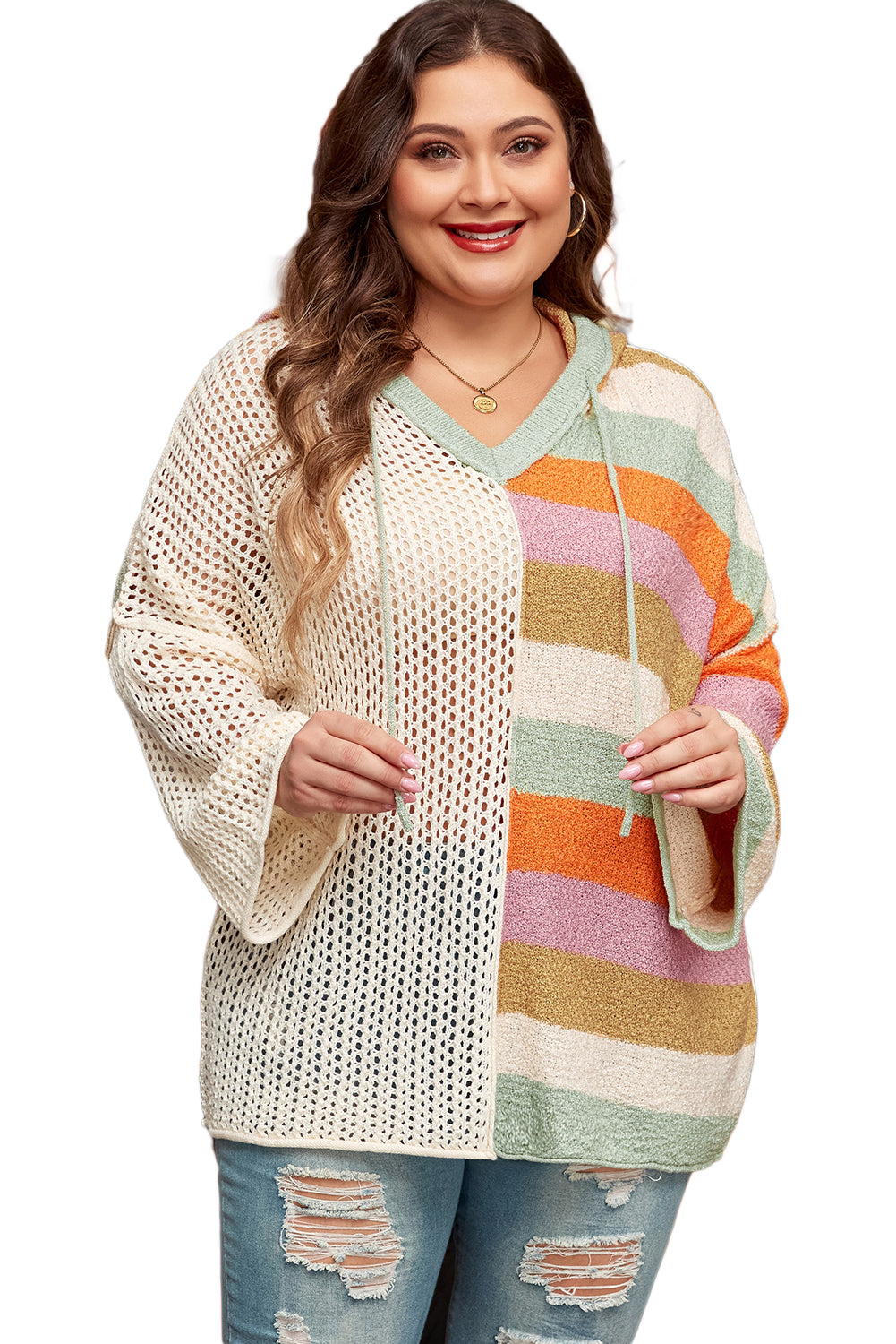 Chic beige colorblock hooded plus-size sweater with pointelle knit design