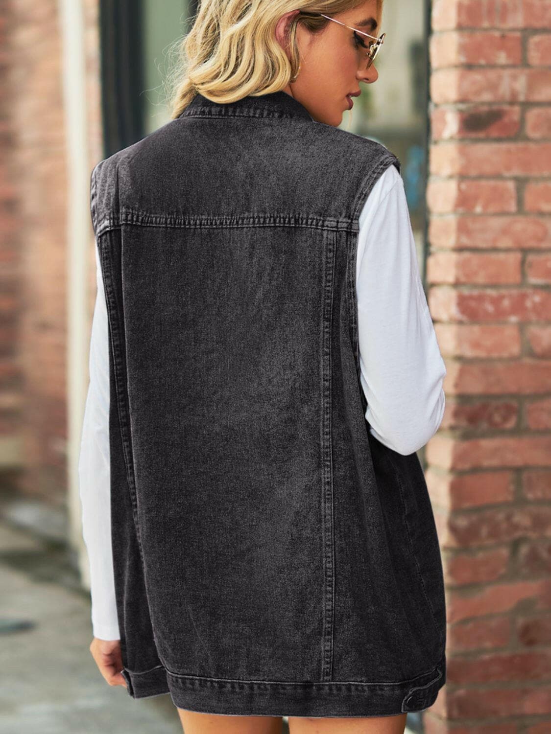 Collared Neck Sleeveless Denim Top with Pockets.