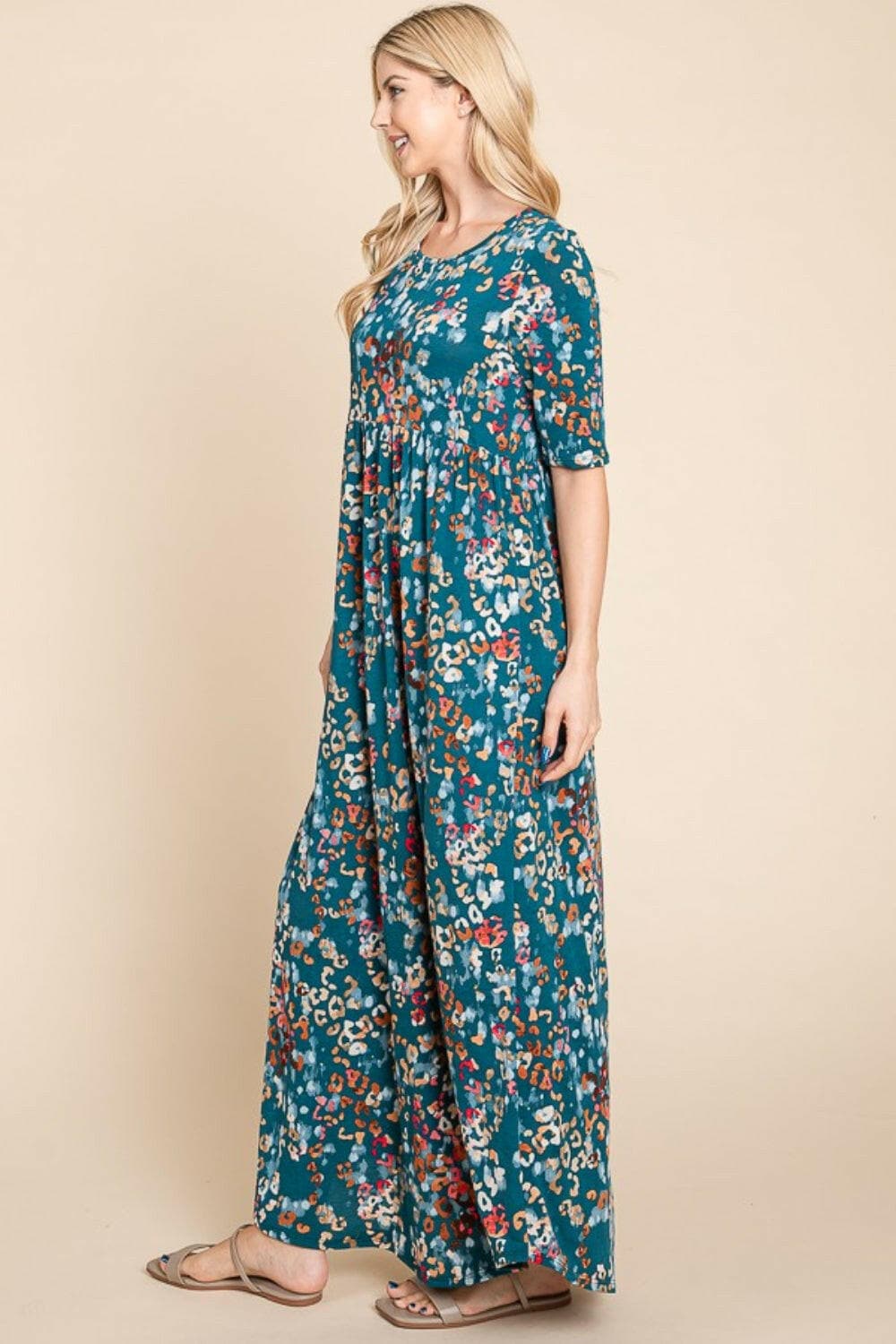 BOMBOM Printed Shirred Maxi Dress.