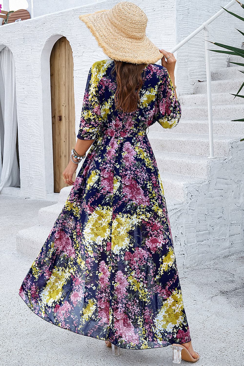 Printed Tied Half Sleeve Slit Dress.