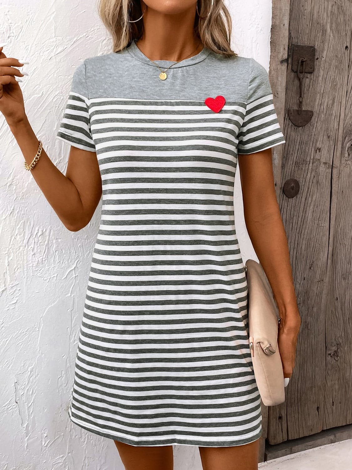 Striped Round Neck Short Sleeve Mini Dress.