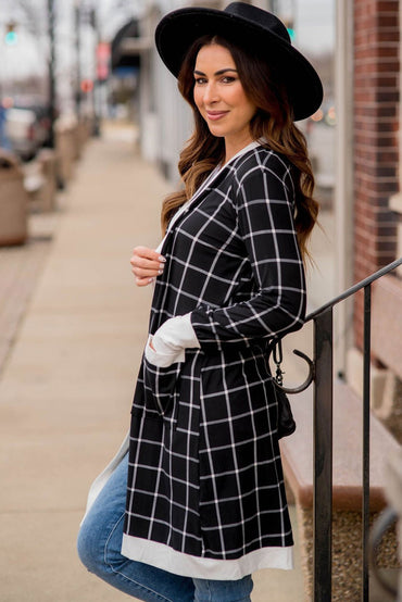 Plaid Colorblock Open Front Cardigan with Pockets in Black