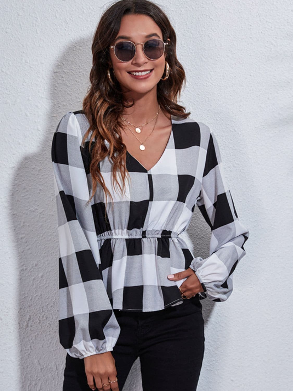 Ruched Printed V-Neck Long Sleeve Blouse.