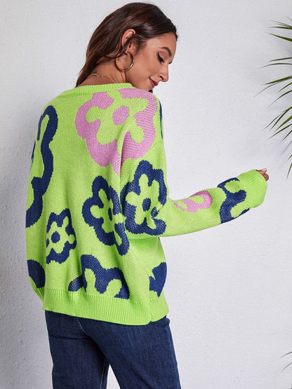 Flower Pattern Round Neck Long Sleeve Sweater.